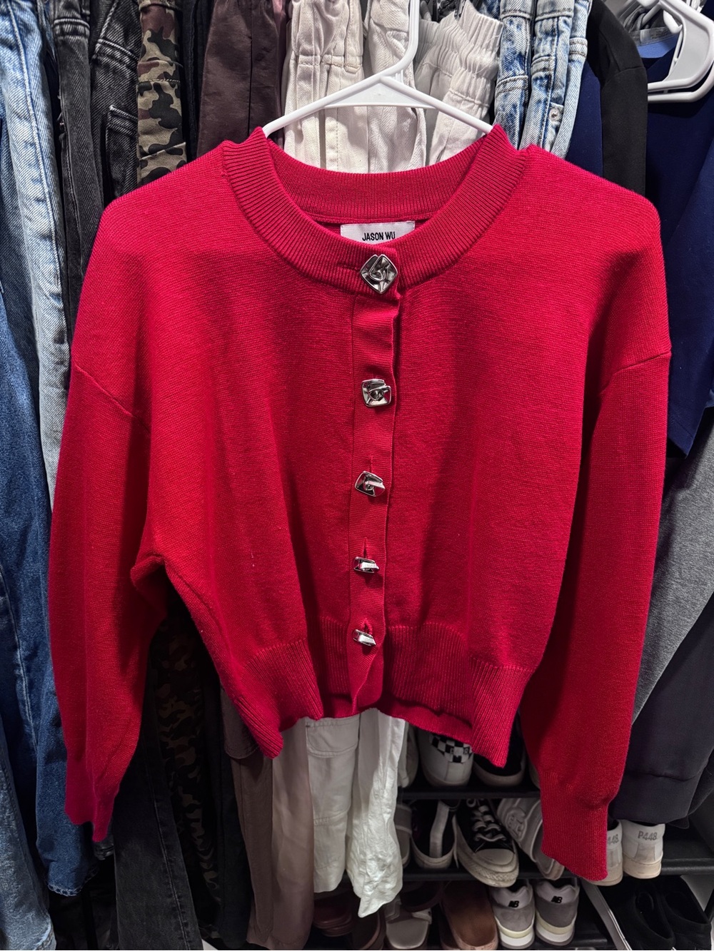 Jason Wu Vibrant Red Cropped Button Cardigan with Silver Buttons